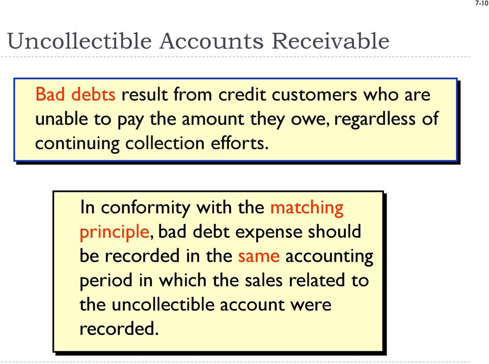 In conformity with the matching principle, bad debt expense should be recorded in the