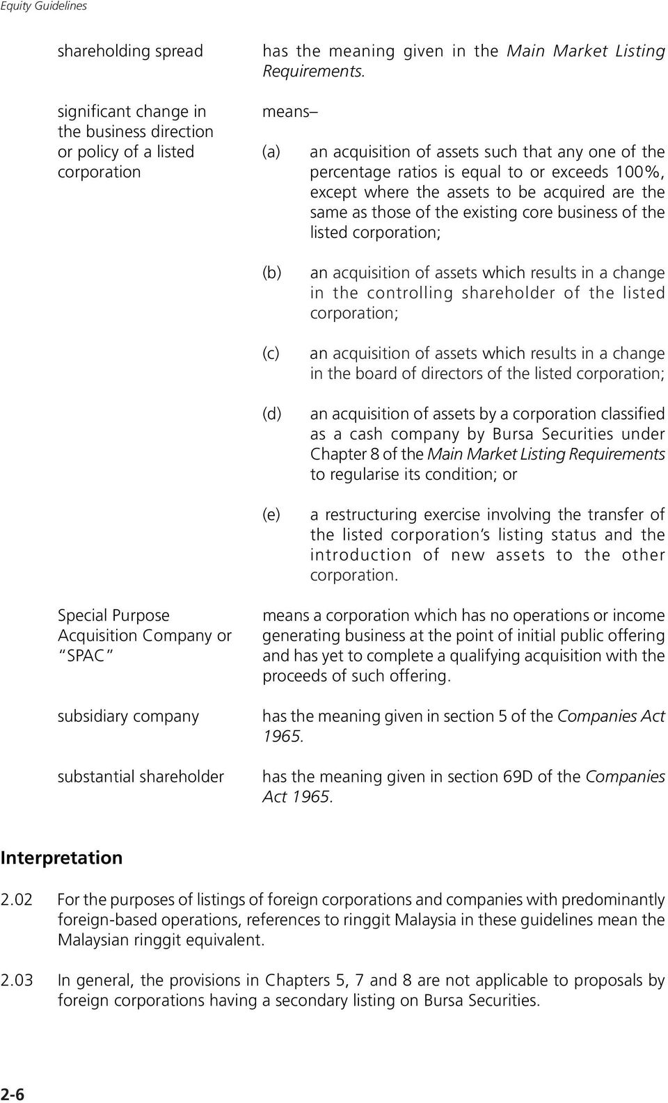 assets to be acquired are the same as those of the existing core business of the listed corporation; (c) (d) (e) an acquisition of assets which results in a change in the controlling shareholder of