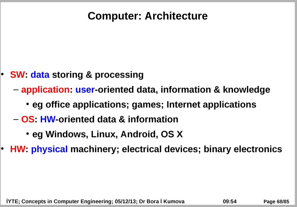 data & information eg Windows, Linux, Android, OS X HW: physical machinery; electrical
