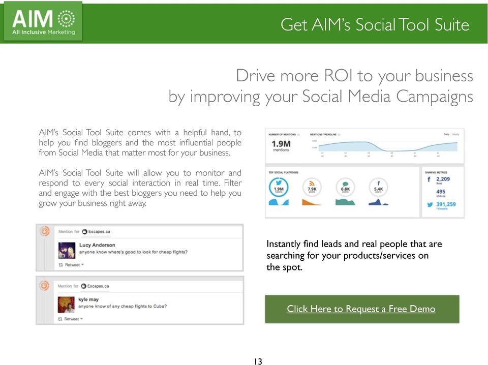 AIM s Social Tool Suite will allow you to monitor and respond to every social interaction in real time.