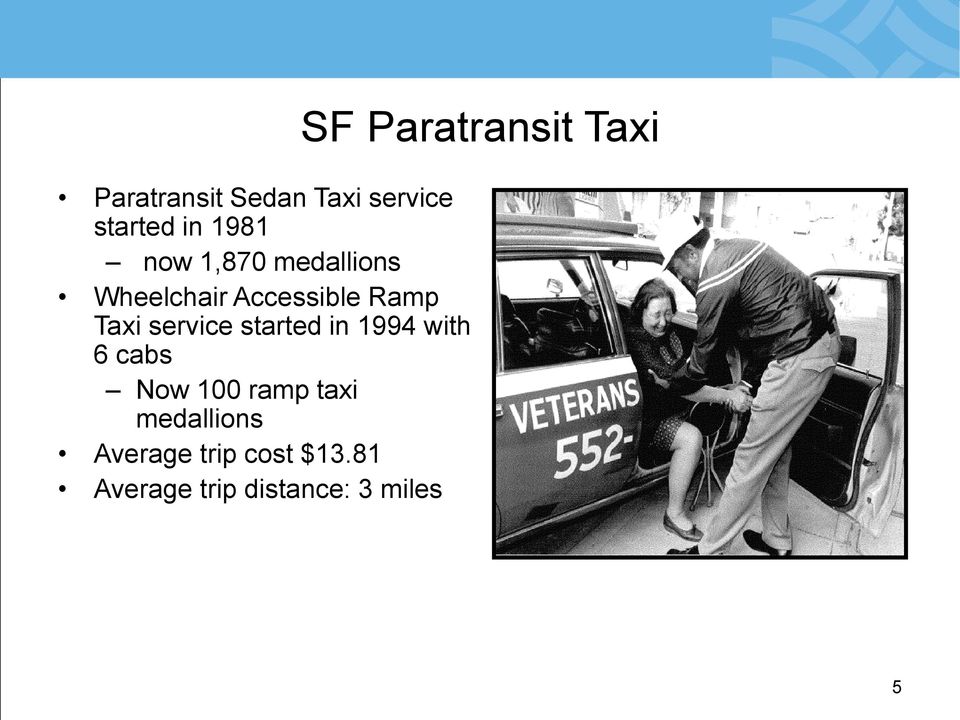 in 1994 with 6 cabs Now 100 ramp taxi medallions Average