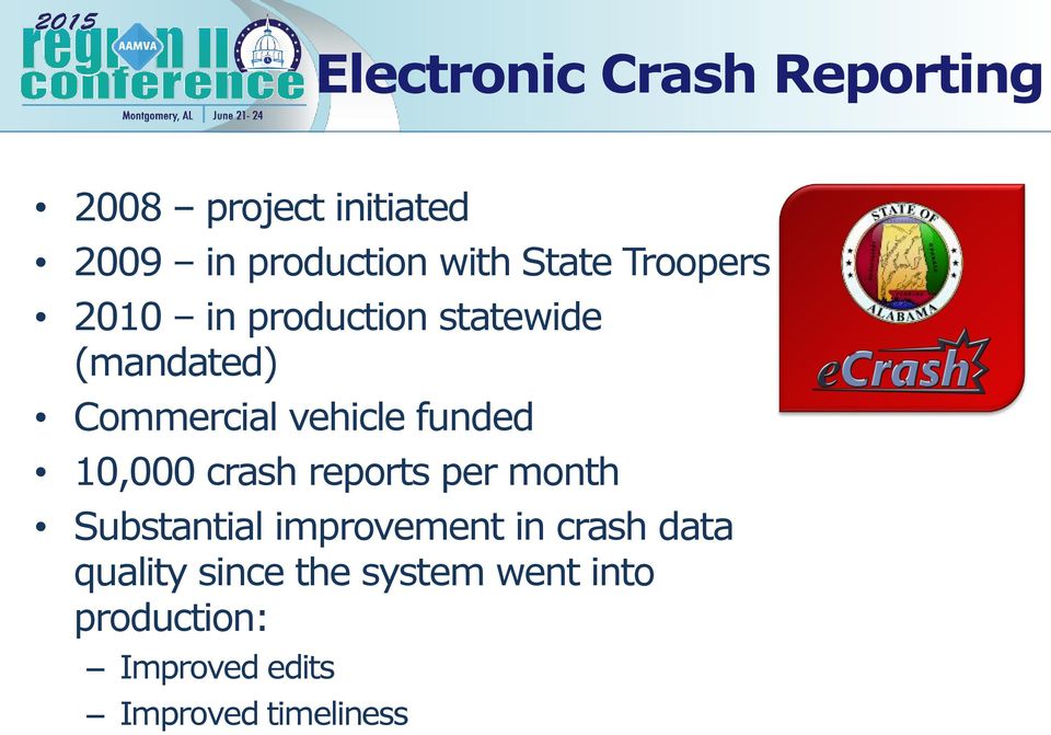 funded 10,000 crash reports per month Substantial improvement in crash data