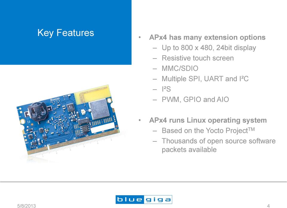 PWM, GPIO and AIO APx4 runs Linux operating system Based on the Yocto