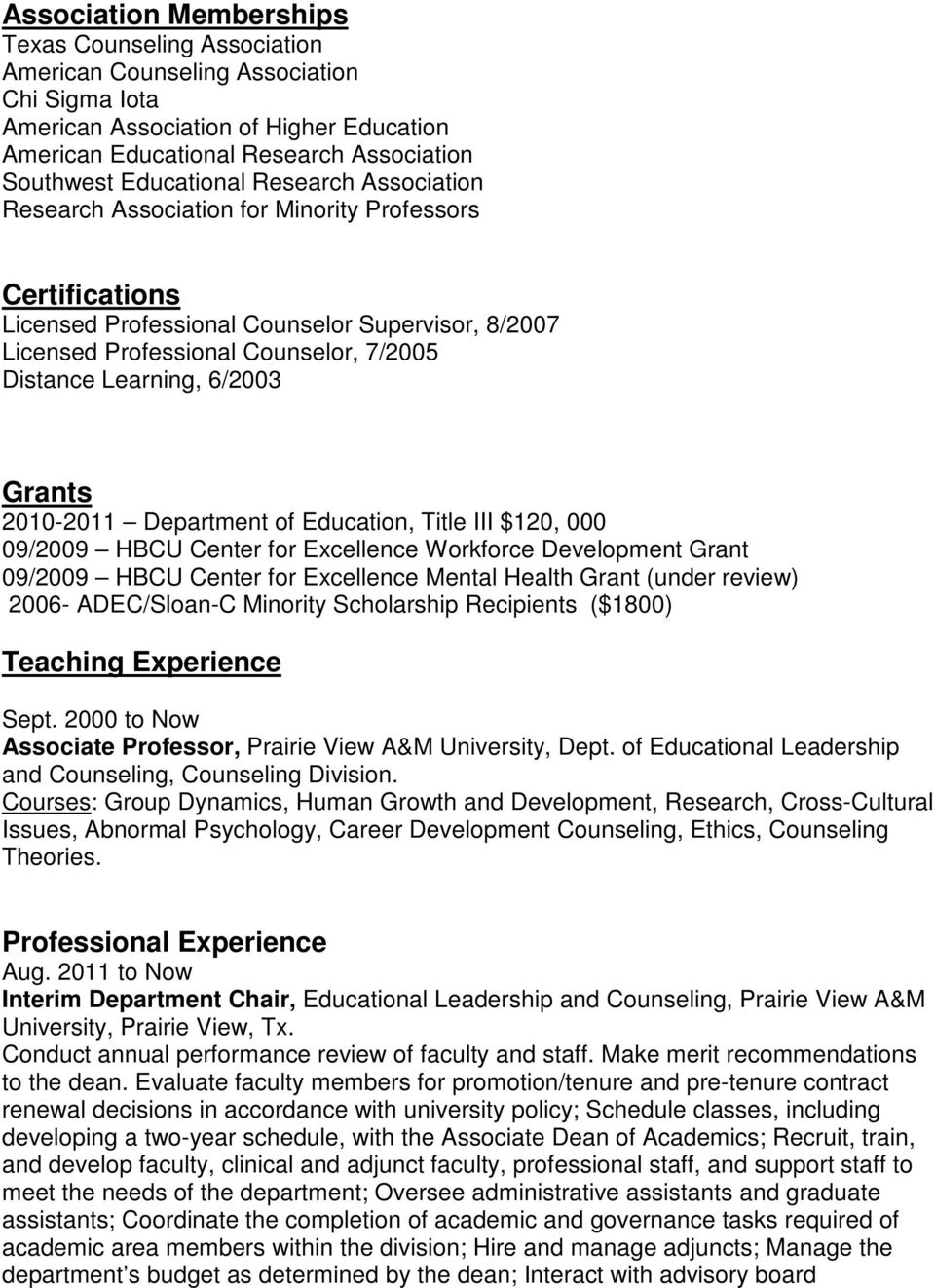 Learning, 6/2003 Grants 2010-2011 Department of Education, Title III $120, 000 09/2009 HBCU Center for Excellence Workforce Development Grant 09/2009 HBCU Center for Excellence Mental Health Grant