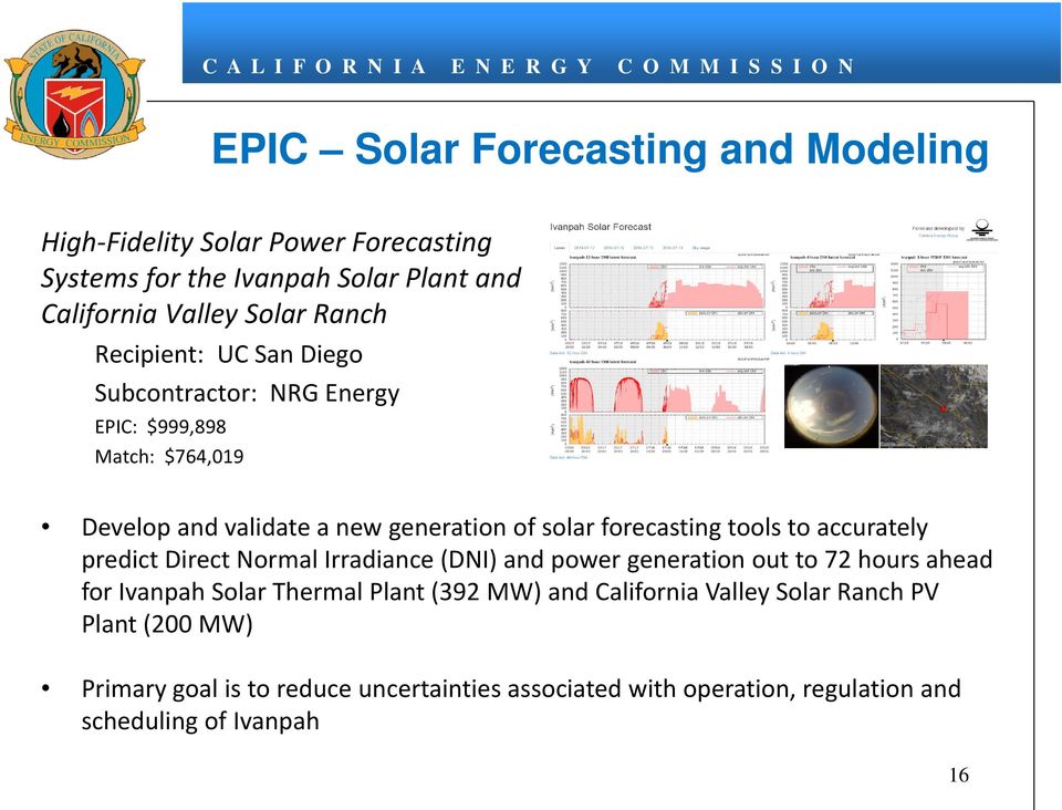 to accurately predict Direct Normal Irradiance (DNI) and power generation out to 72 hours ahead for Ivanpah Solar Thermal Plant (392 MW) and