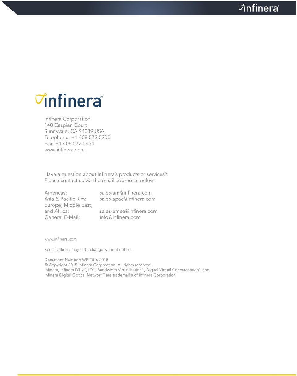 Americas: Asia & Pacific Rim: Europe, Middle East, and Africa: General E-Mail: sales-am@infinera.com sales-apac@infinera.com sales-emea@infinera.com info@infinera.com www.
