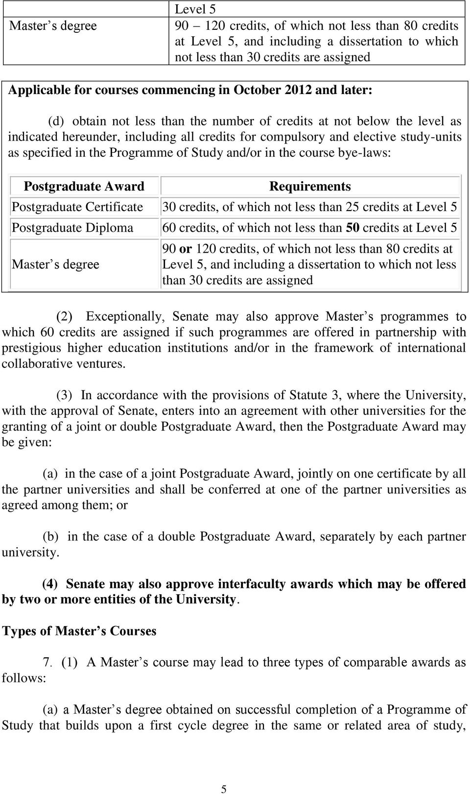 Programme of Study and/or in the course bye-laws: Postgraduate Award Requirements Postgraduate Certificate 30 credits, of which not less than 25 credits at Level 5 Postgraduate Diploma 60 credits, of