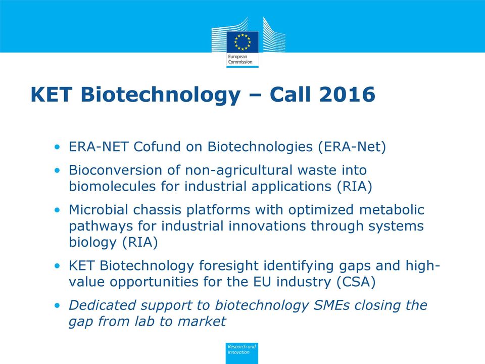 for industrial innovations through systems biology (RIA) KET Biotechnology foresight identifying gaps and
