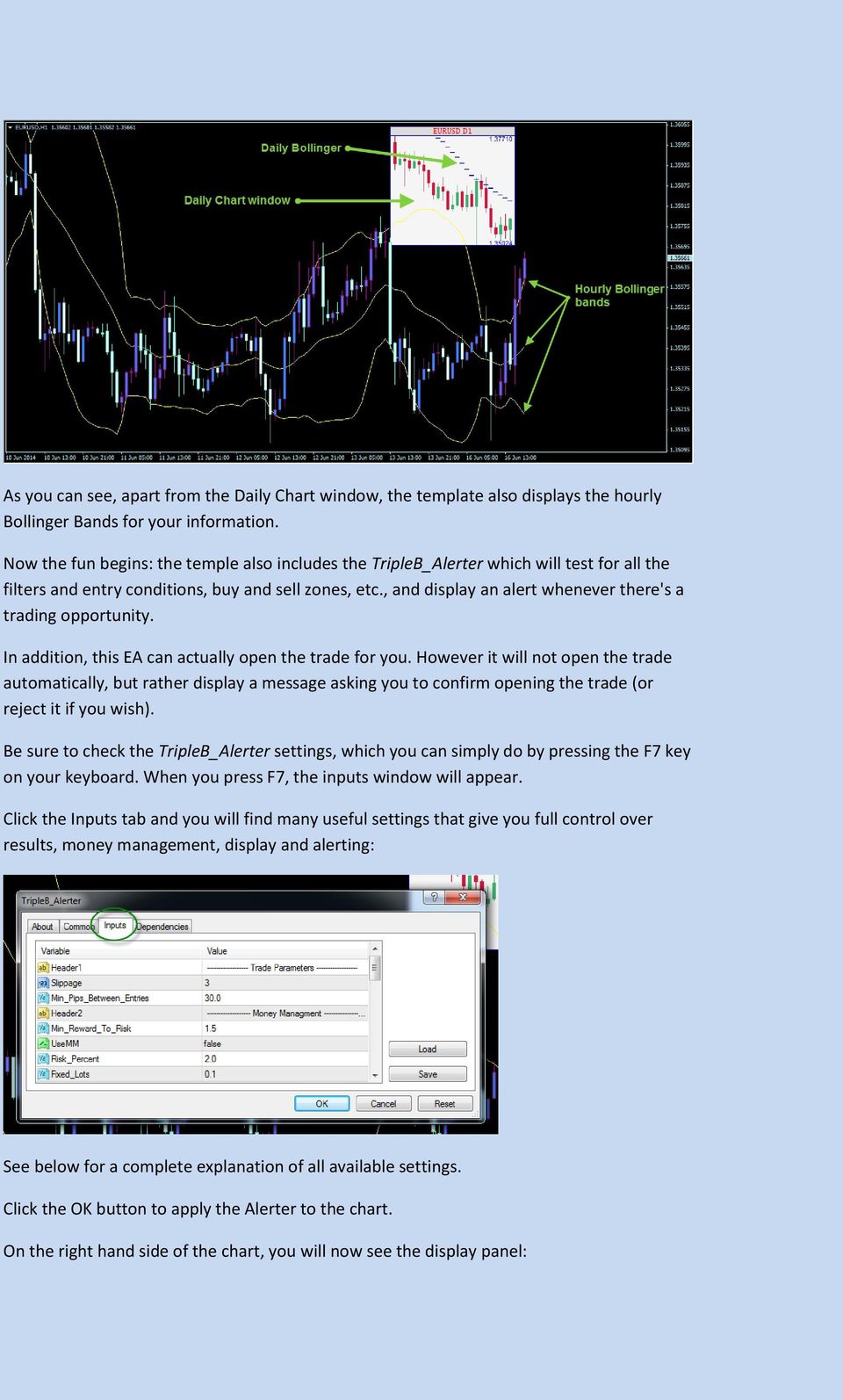 , and display an alert whenever there's a trading opportunity. In addition, this EA can actually open the trade for you.