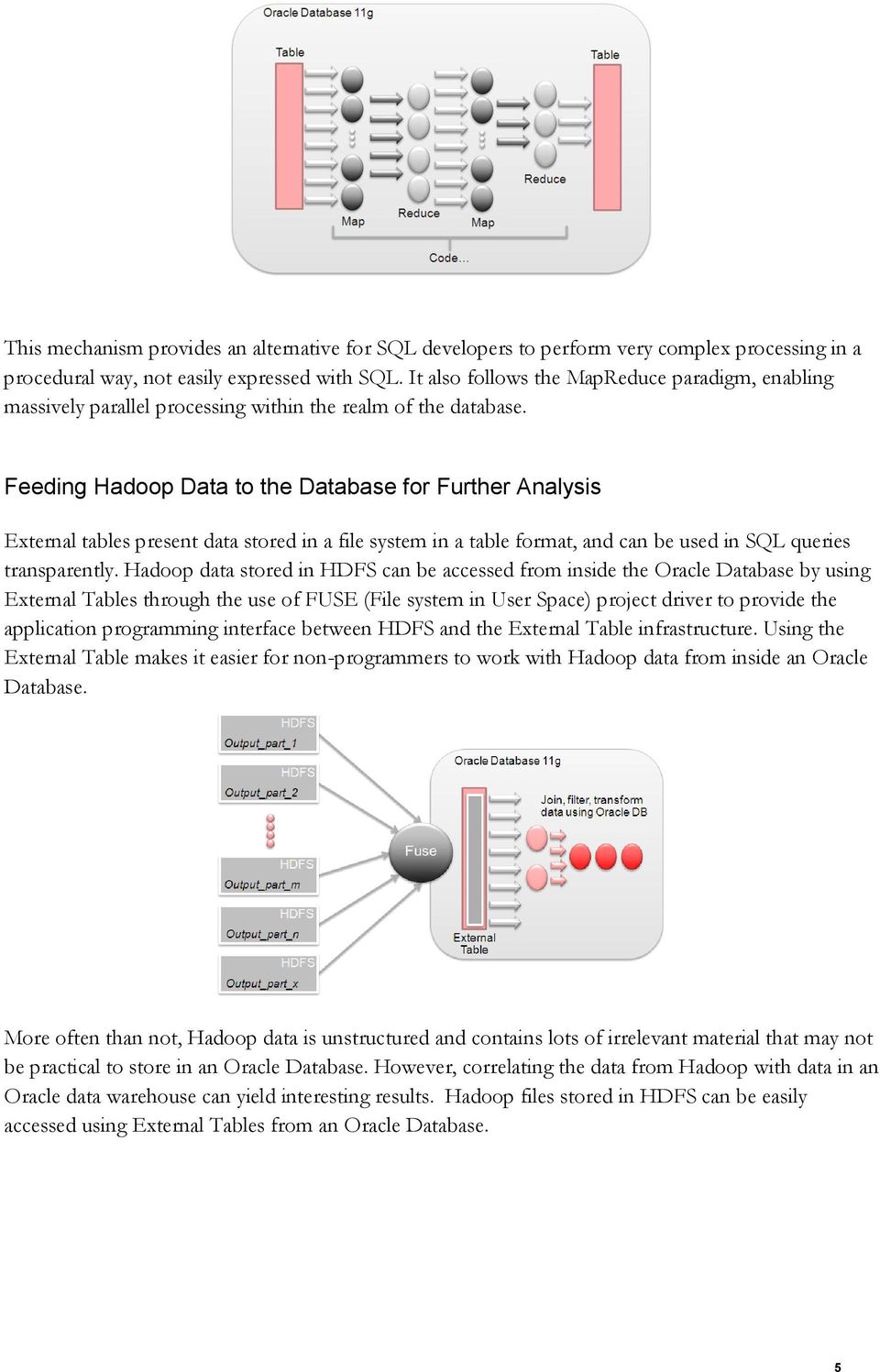 Feeding Hadoop Data to the Database for Further Analysis External tables present data stored in a file system in a table format, and can be used in SQL queries transparently.