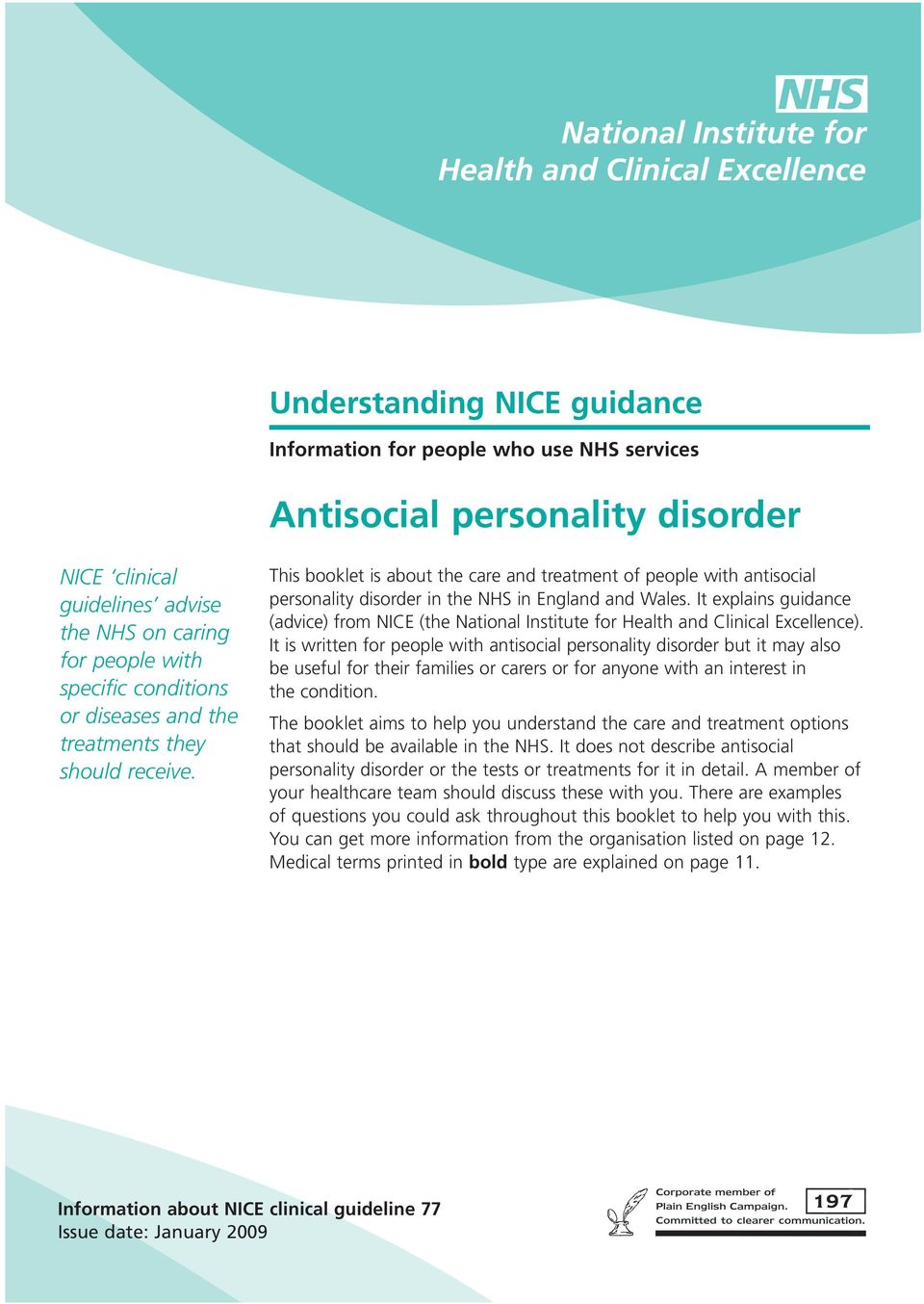 It explains guidance (advice) from NICE (the National Institute for Health and Clinical Excellence).