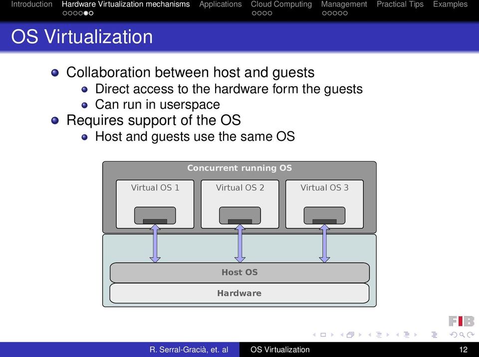 Host and guests use the same OS Concurrent running OS Virtual OS 1 Virtual