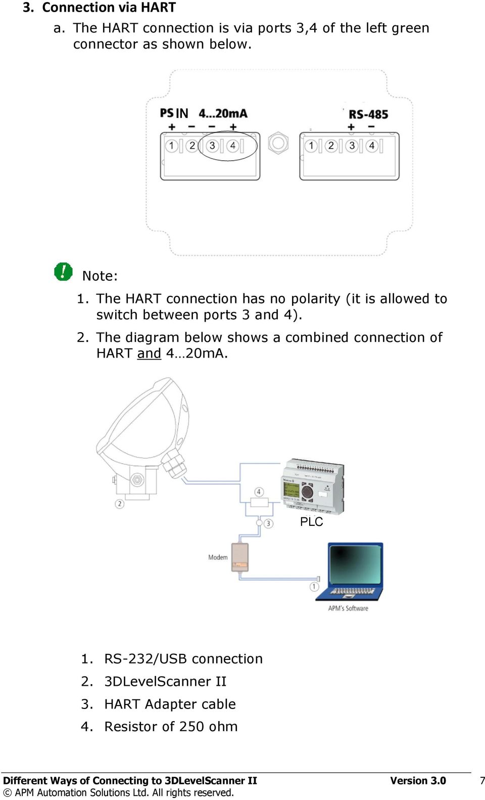 The diagram below shows a combined connection of HART and 4 20mA. PLC 1. RS-232/USB connection 2.
