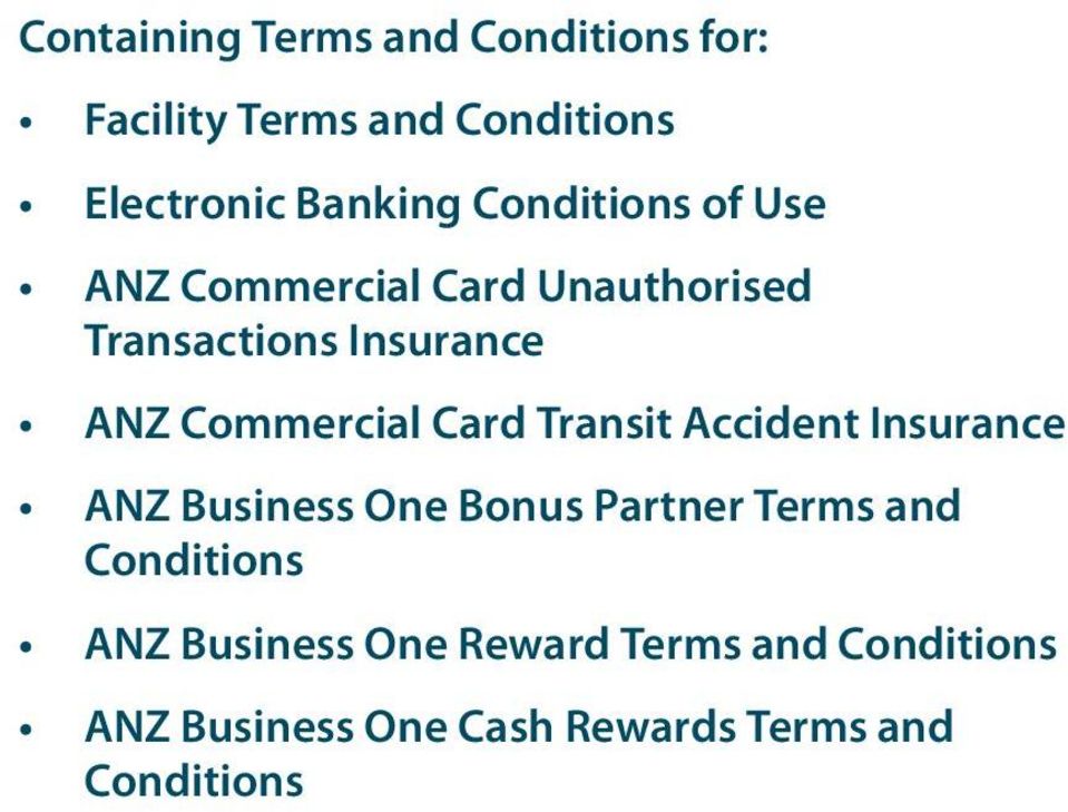 Card Transit Accident Insurance ANZ Business One Bonus Partner Terms and Conditions ANZ