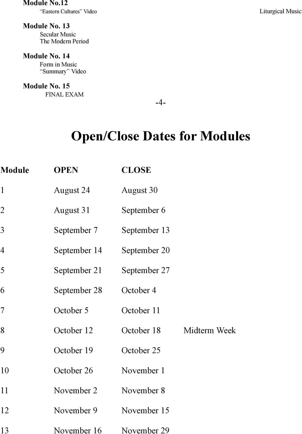 15 FINAL EXAM -4- Open/Close Dates for Modules Module OPEN CLOSE 1 August 24 August 30 2 August 31 September 6 3 September 7 September 13 4