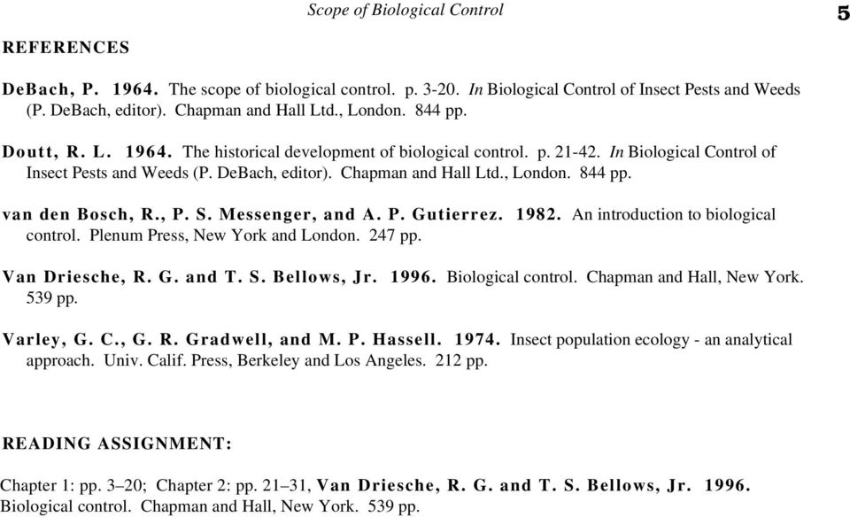van den Bosch, R., P. S. Messenger, and A. P. Gutierrez. 1982. An introduction to biological control. Plenum Press, New York and London. 247 pp. Van Driesche, R. G. and T. S. Bellows, Jr. 1996.