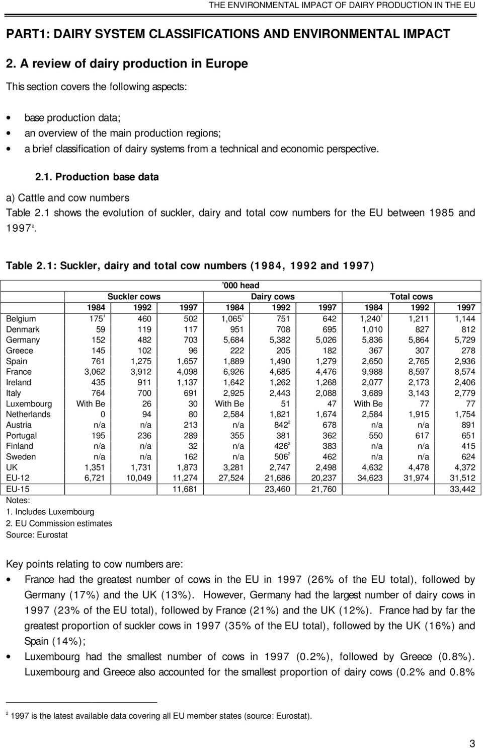 technical and economic perspective. 2.1.Production base data a) Cattle and cow numbers Table 2.1 shows the evolution of suckler, dairy and total cow numbers for the EU between 1985 and 1997 2.