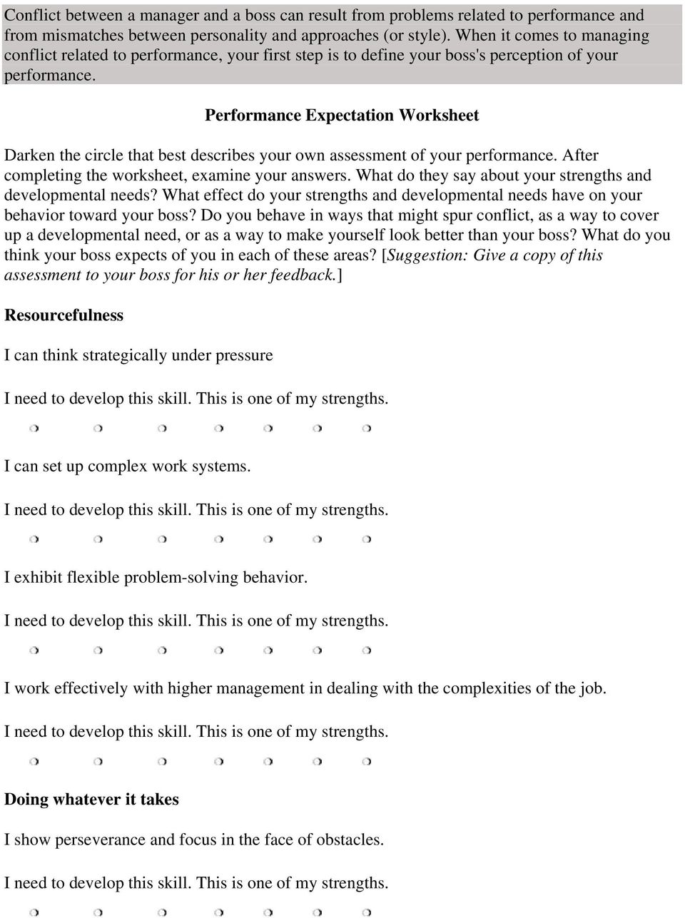 Performance Expectation Worksheet Darken the circle that best describes your own assessment of your performance. After completing the worksheet, examine your answers.