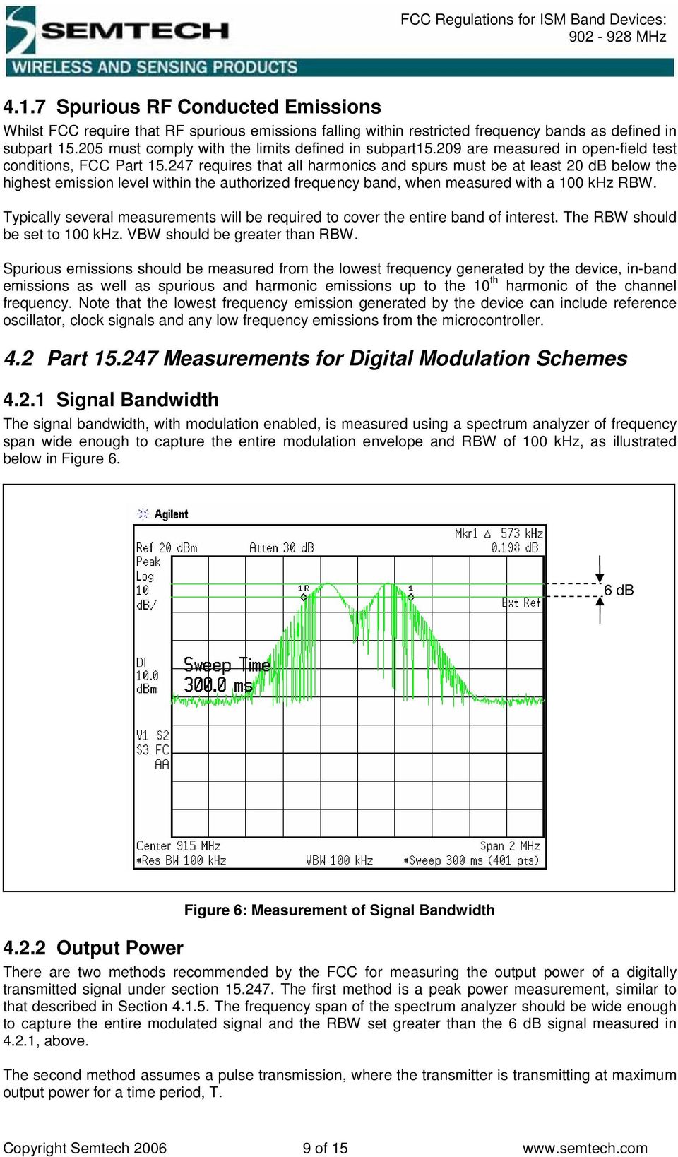 247 requires that all harmonics and spurs must be at least 20 db below the highest emission level within the authorized frequency band, when measured with a 100 khz RBW.
