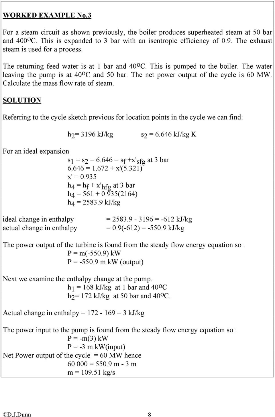 The net power output of the cycle is 60 MW. Calculate the mass flow rate of steam.