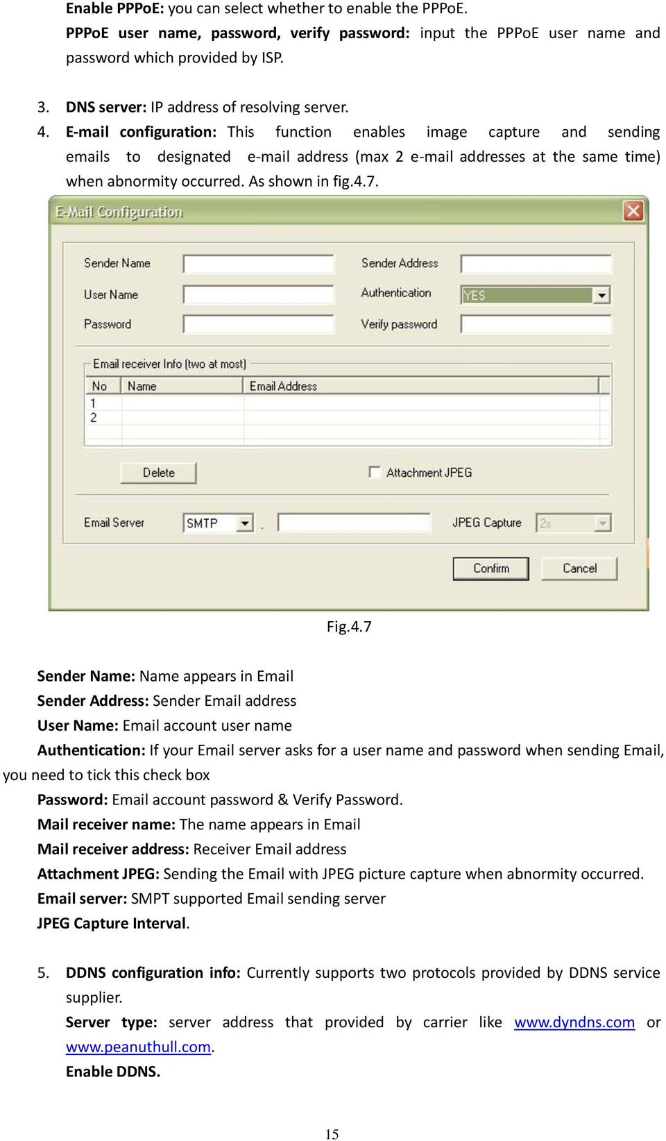 E-mail configuration: This function enables image capture and sending emails to designated e-mail address (max 2 e-mail addresses at the same time) when abnormity occurred. As shown in fig.4.