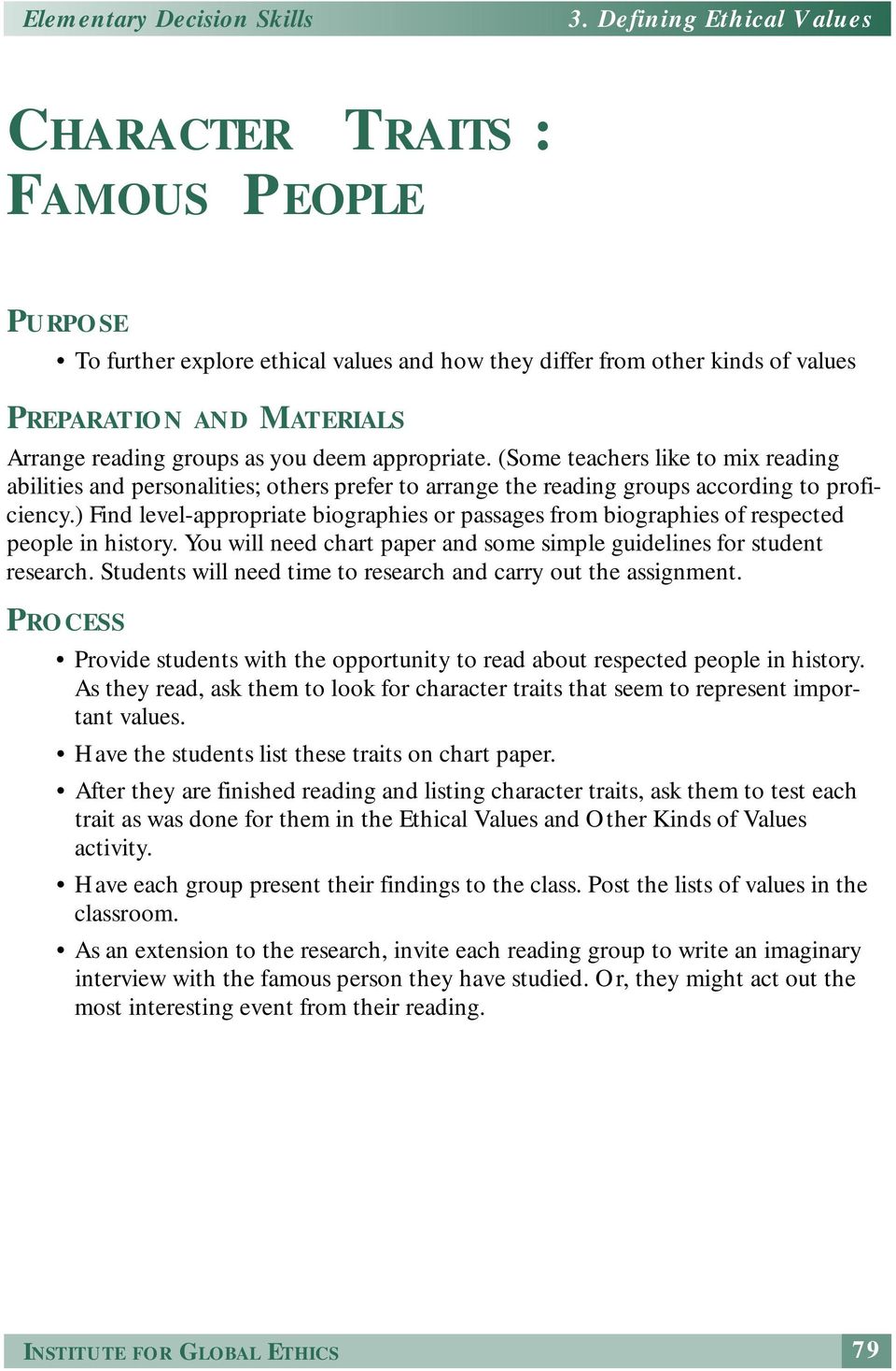 ) Find level-appropriate biographies or passages from biographies of respected people in history. You will need chart paper and some simple guidelines for student research.