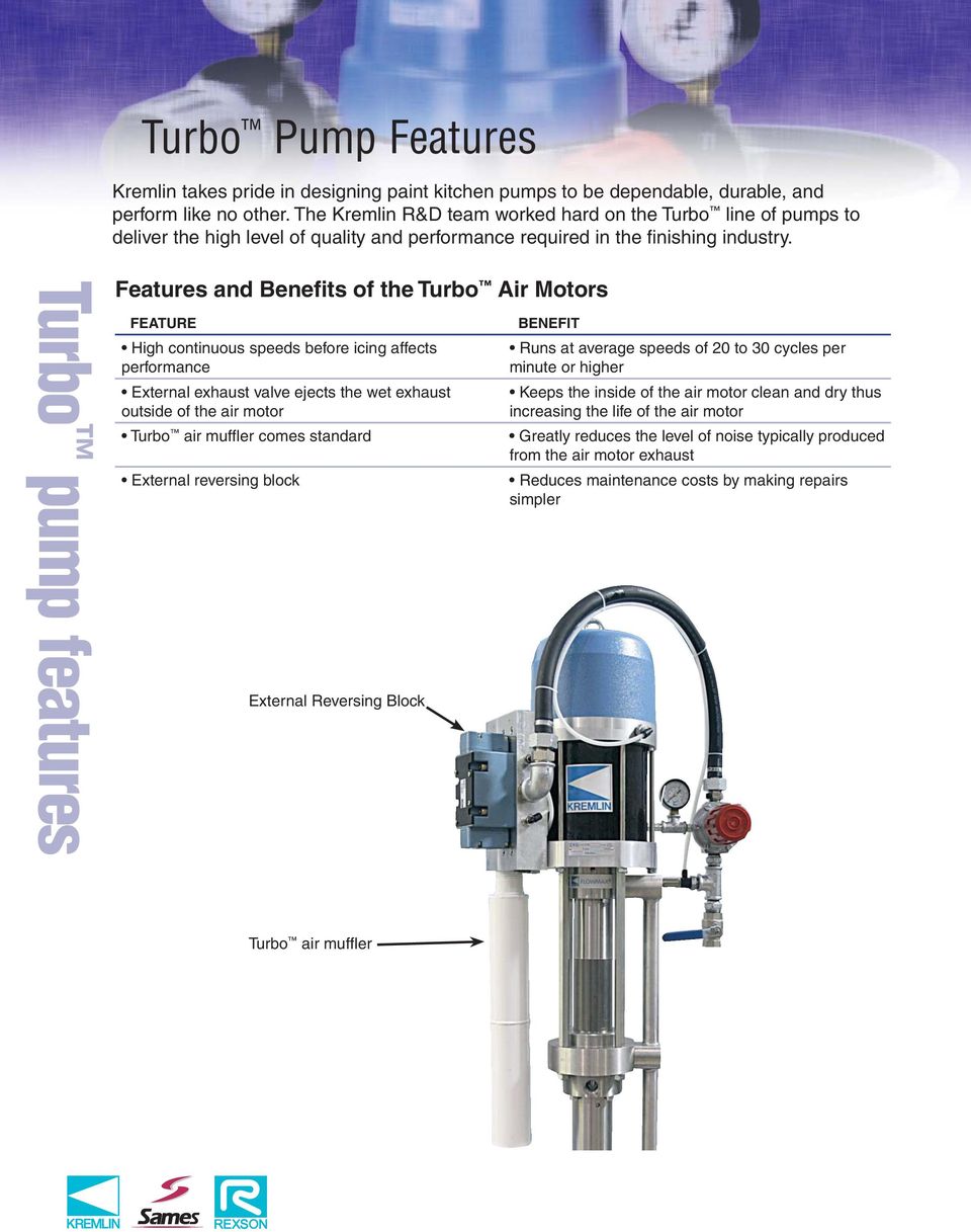 Turbo pump features Features and Benefits of the Turbo Air Motors High continuous speeds before icing affects performance External exhaust valve ejects the wet exhaust outside of the air motor Turbo