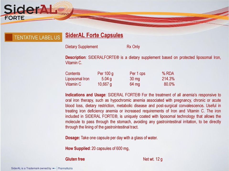 0% Indications and Usage: SIDERAL FORTE For the treatment of all anemia s responsive to oral iron therapy, such as hypochromic anemia associated with pregnancy, chronic or acute blood loss, dietary
