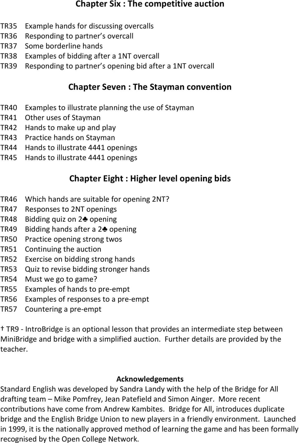 up and play TR43 Practice hands on Stayman TR44 Hands to illustrate 4441 openings TR45 Hands to illustrate 4441 openings Chapter Eight : Higher level opening bids TR46 Which hands are suitable for