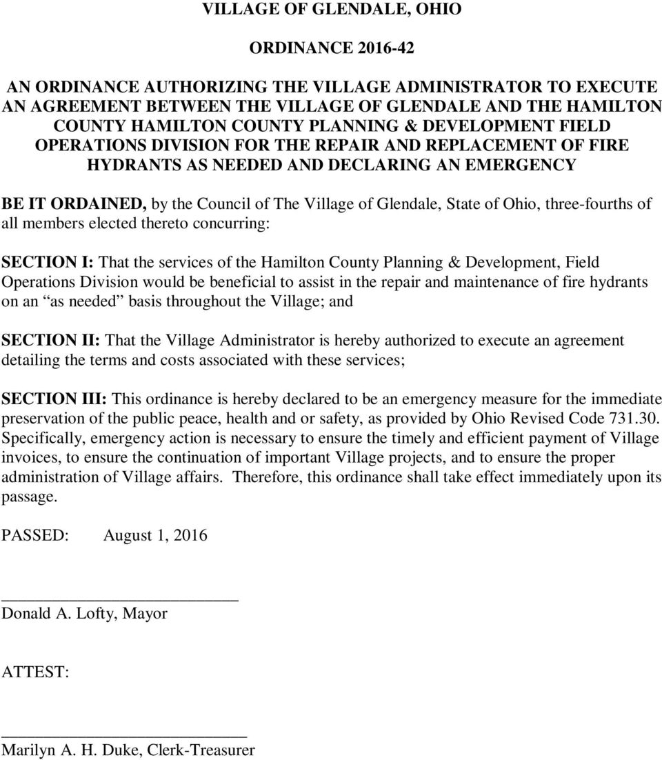 SECTION I: That the services of the Hamilton County Planning & Development, Field Operations Division would be beneficial to assist in the repair and maintenance of fire hydrants on an as needed