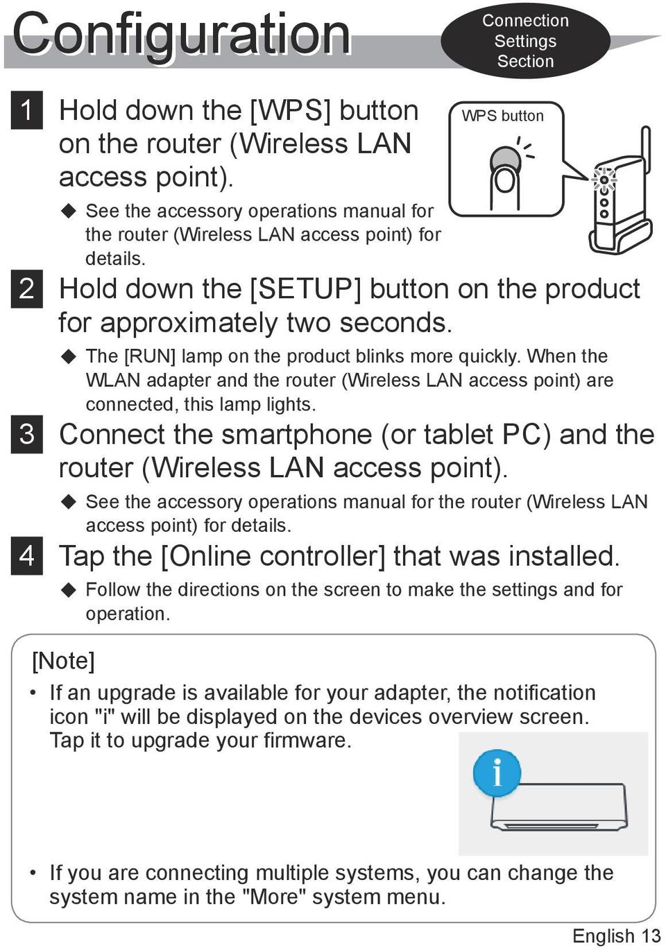 The [RUN] lamp on the product blinks more quickly. When the WLAN adapter and the router (Wireless LAN access point) are connected, this lamp lights.