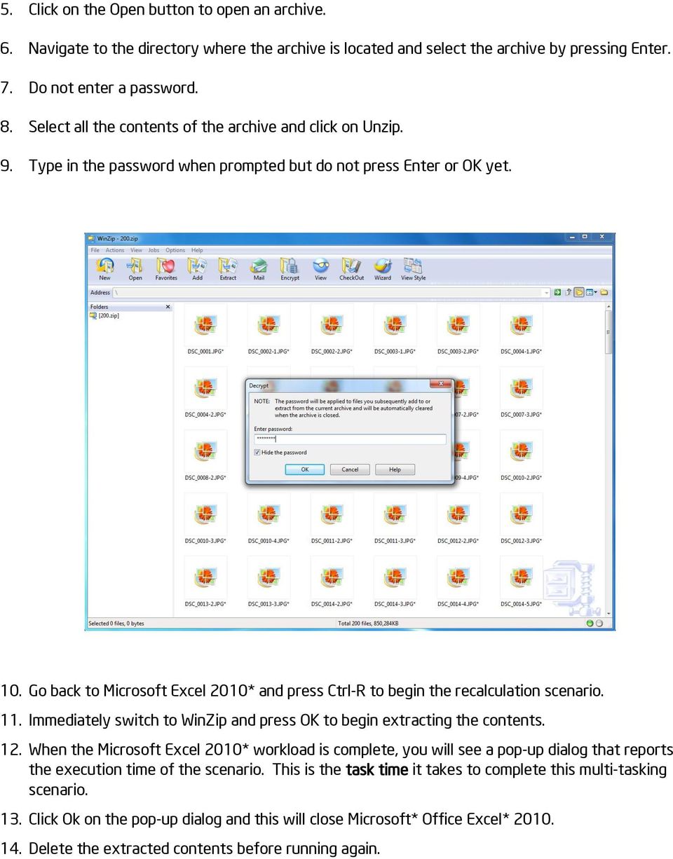 Go back to Microsoft Excel 2010* and press Ctrl-R to begin the recalculation scenario. 11. Immediately switch to WinZip and press OK to begin extracting the contents. 12.