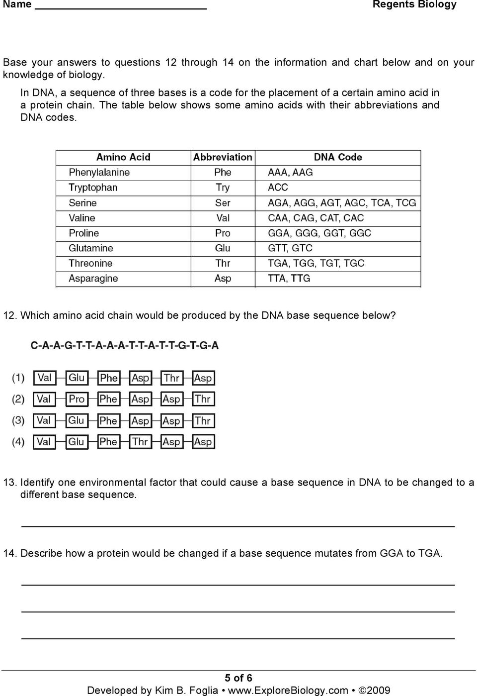 The table below shows some amino acids with their abbreviations and DNA codes. 12.