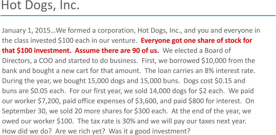 The loan carries an 8% interest rate. During the year, we bought 15,000 dogs and 15,000 buns. Dogs cost $0.15 and buns are $0.05 each. For our first year, we sold 14,000 dogs for $2 each.