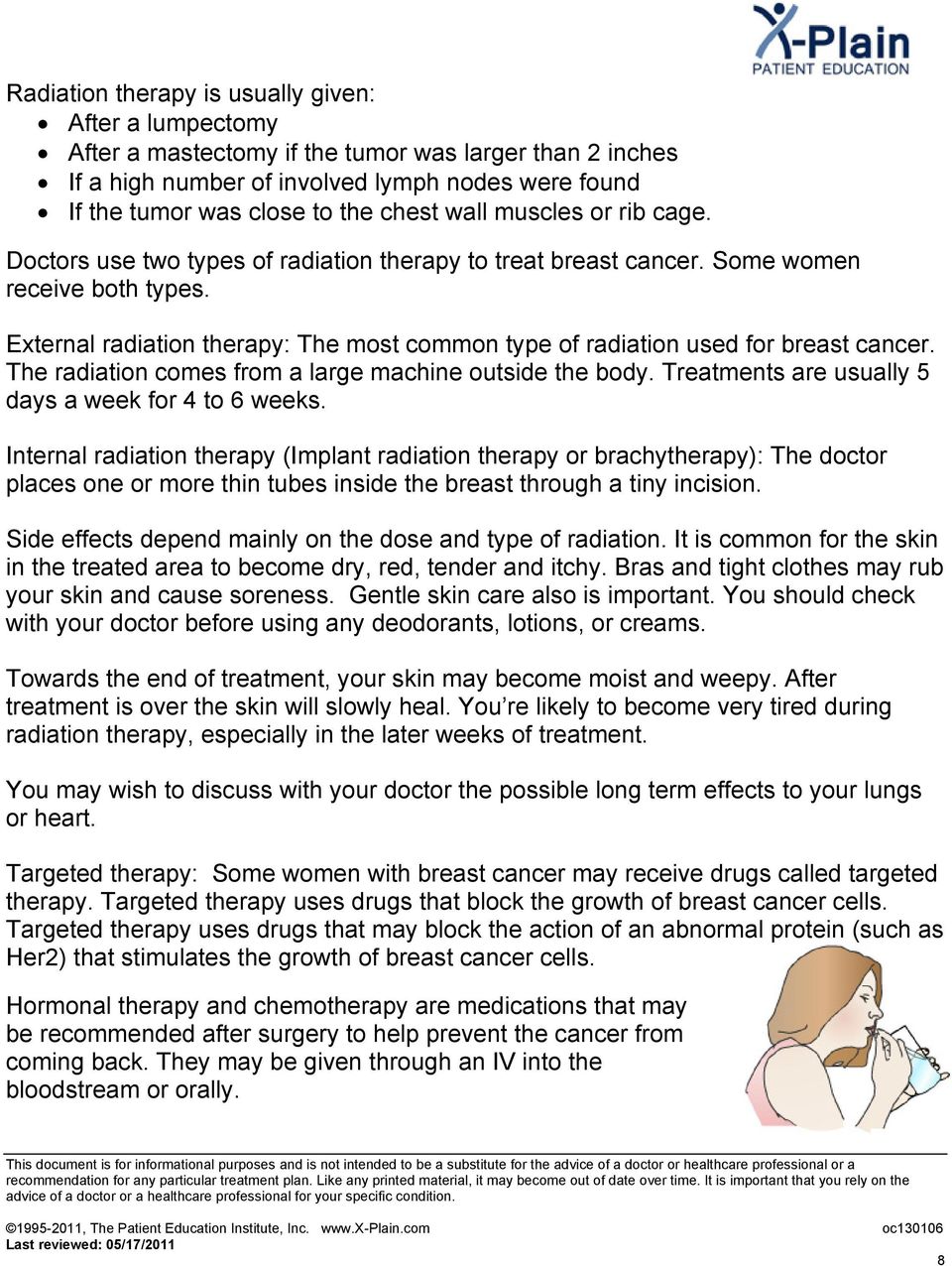External radiation therapy: The most common type of radiation used for breast cancer. The radiation comes from a large machine outside the body. Treatments are usually 5 days a week for 4 to 6 weeks.
