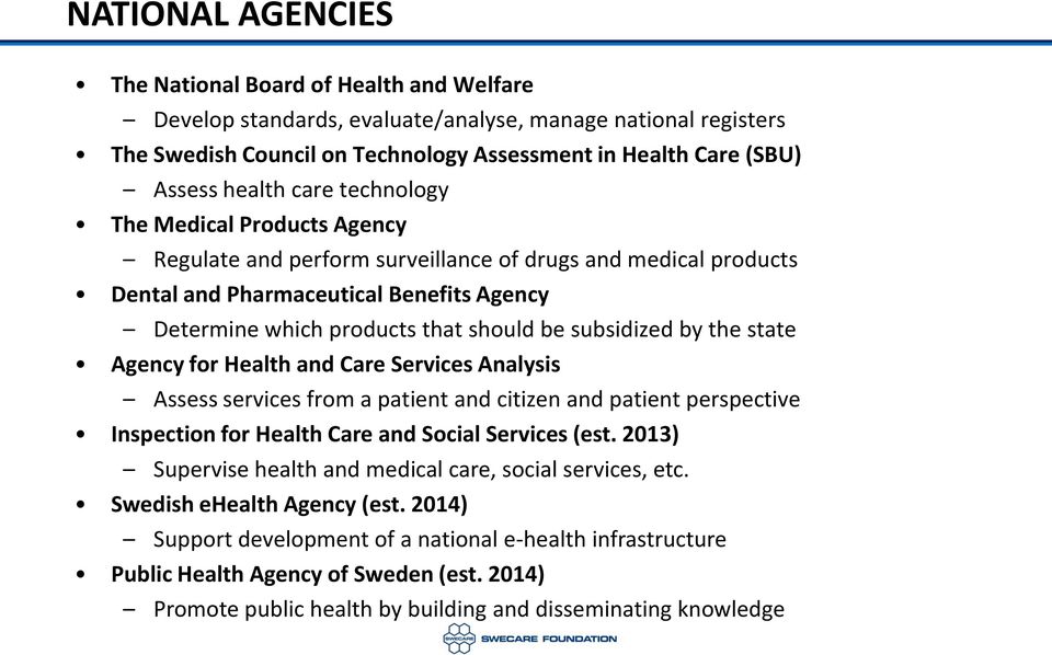 subsidized by the state Agency for Health and Care Services Analysis Assess services from a patient and citizen and patient perspective Inspection for Health Care and Social Services (est.