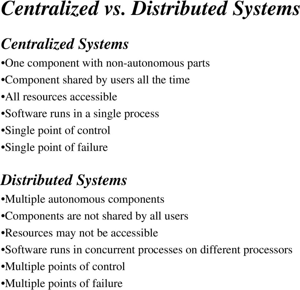 All resources accessible Software runs in a single process Single point of control Single point of failure Distributed