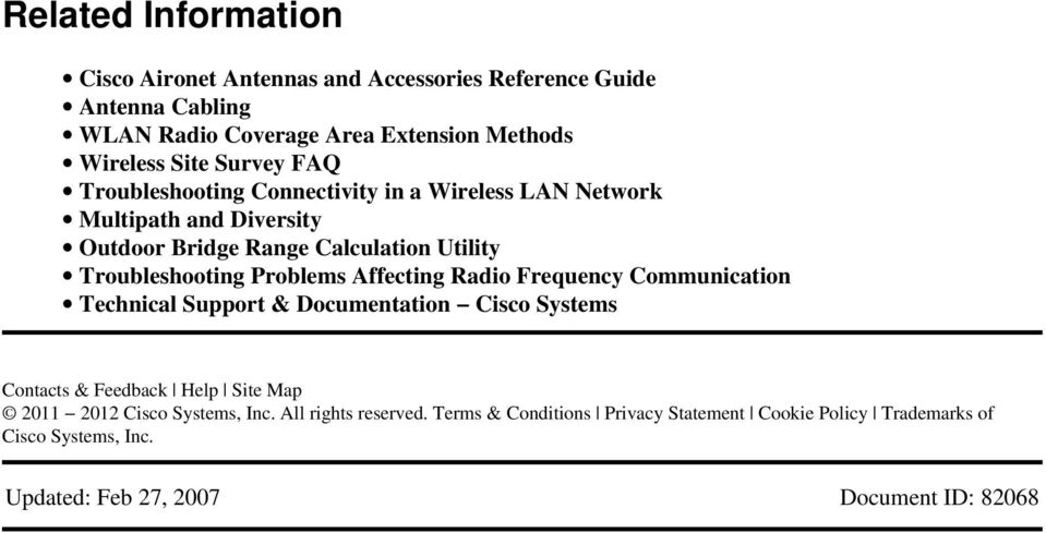 Problems Affecting Radio Frequency Communication Technical Support & Documentation Cisco Systems Contacts & Feedback Help Site Map 2011 2012 Cisco