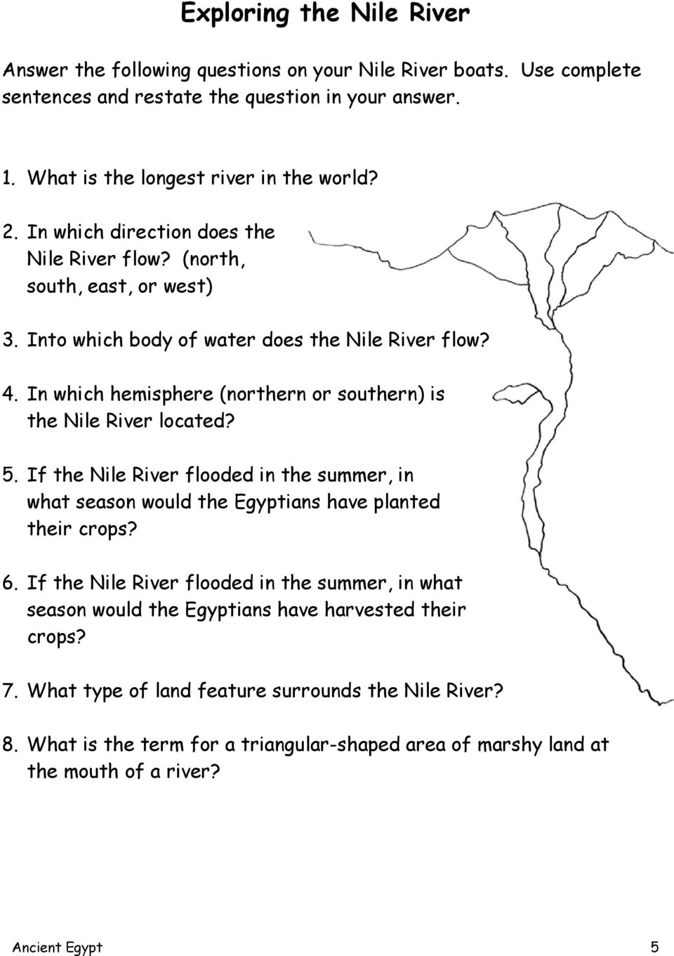 In which hemisphere (northern or southern) is the Nile River located? 5. If the Nile River flooded in the summer, in what season would the Egyptians have planted their crops? 6.