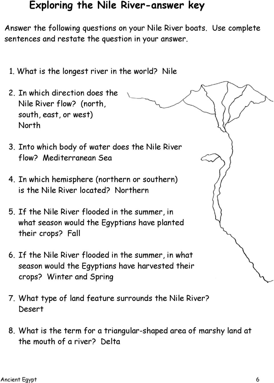 In which hemisphere (northern or southern) is the Nile River located? Northern 5. If the Nile River flooded in the summer, in what season would the Egyptians have planted their crops? Fall 6.