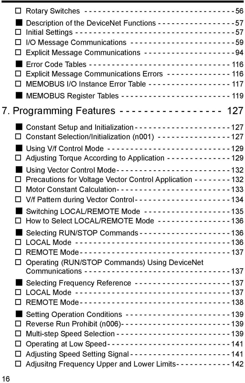- - 94 Error Code Tables - - - - - - - - - - - - - - - - - - - - - - - - - - - - - - - 116 Explicit Message Communications Errors - - - - - - - - - - - - - - 116 MEMOBUS I/O Instance Error Table - -