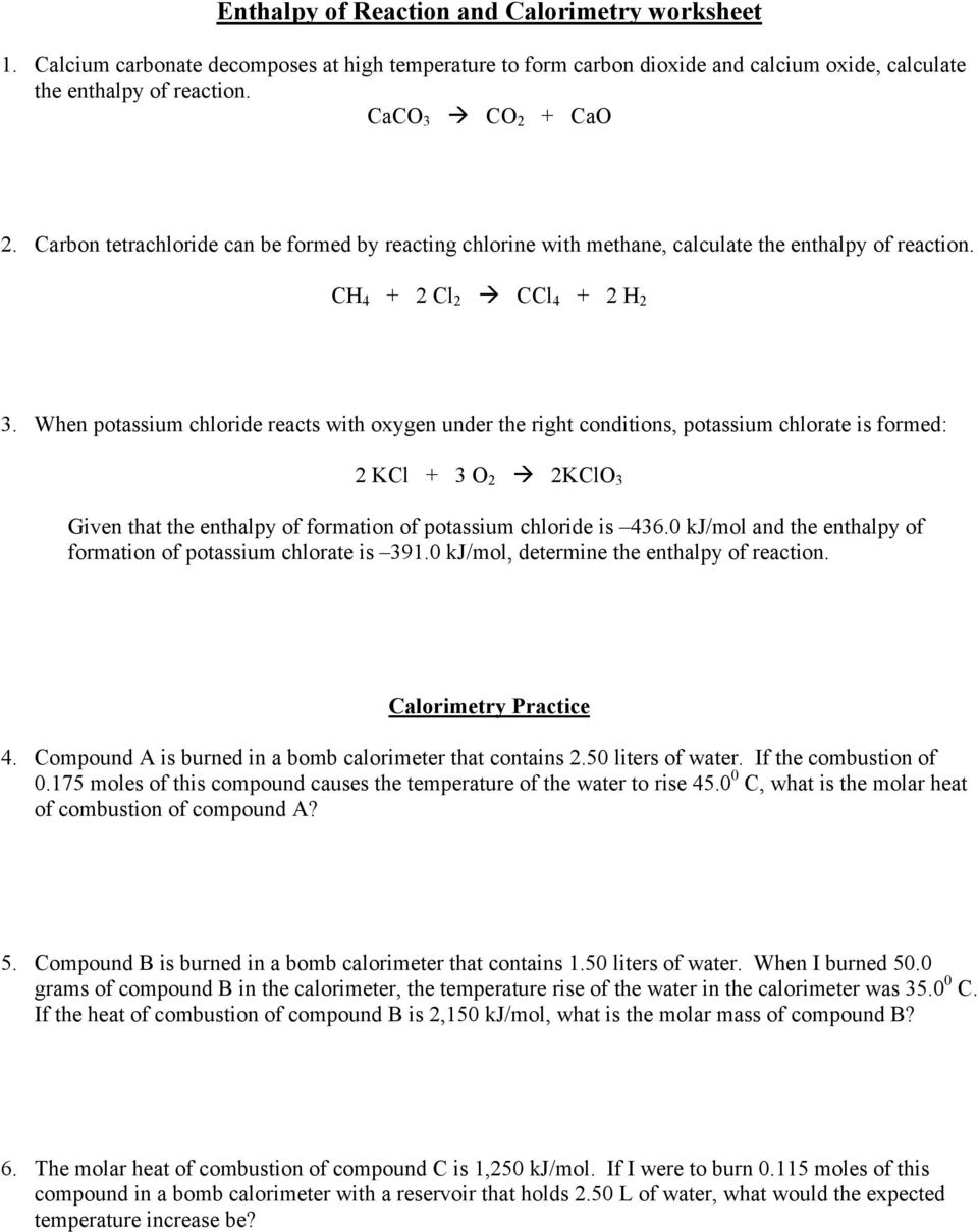 Enthalpy of Reaction and Calorimetry worksheet - PDF Free Download Throughout Calorimetry Worksheet Answer Key