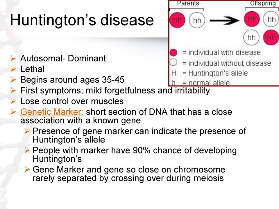 known gene Presence of gene marker can indicate the presence of Huntington s allele People with marker have 90%