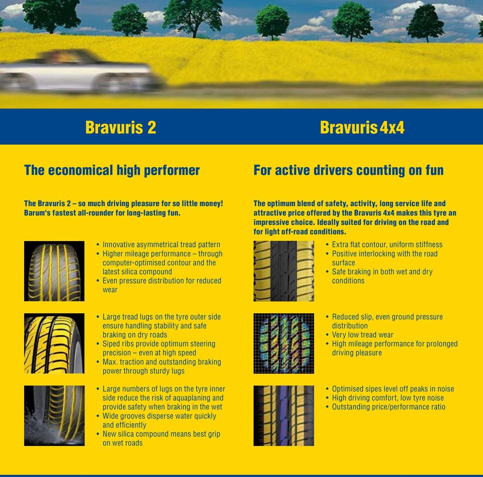 safety, activity, long service life and attractive price offered by the Bravuris 4x4 makes this tyre an impressive choice. Ideally suited for driving on the road and for light off-road conditions.