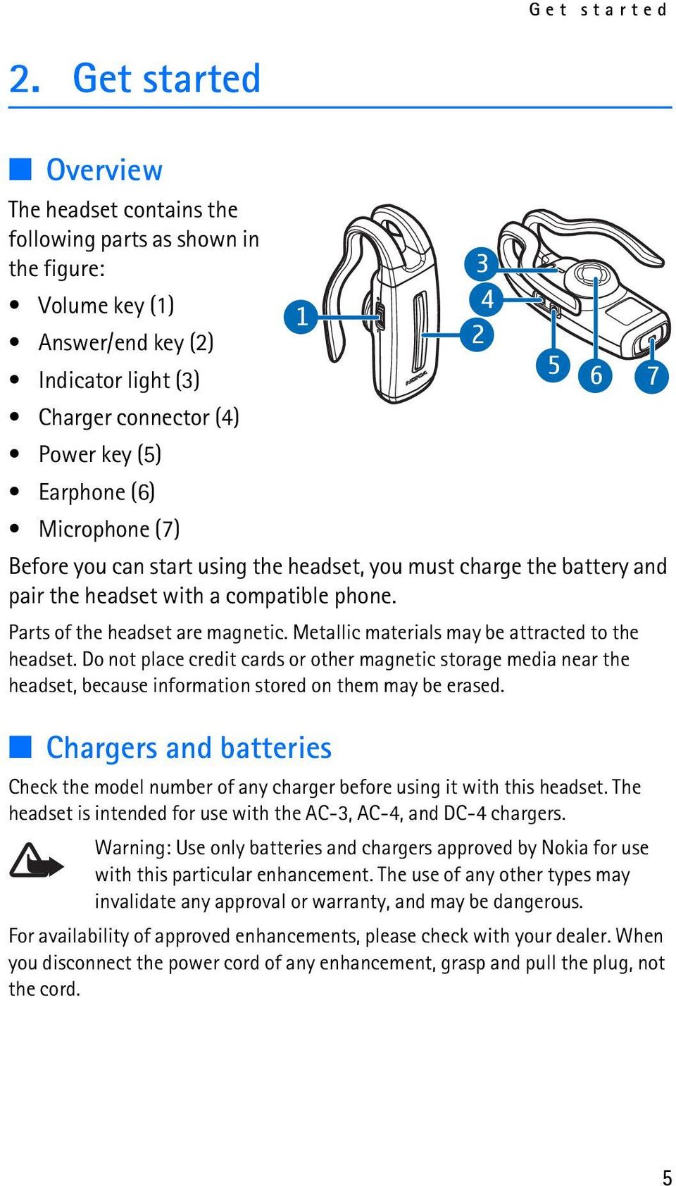 (7) Before you can start using the headset, you must charge the battery and pair the headset with a compatible phone. Parts of the headset are magnetic.