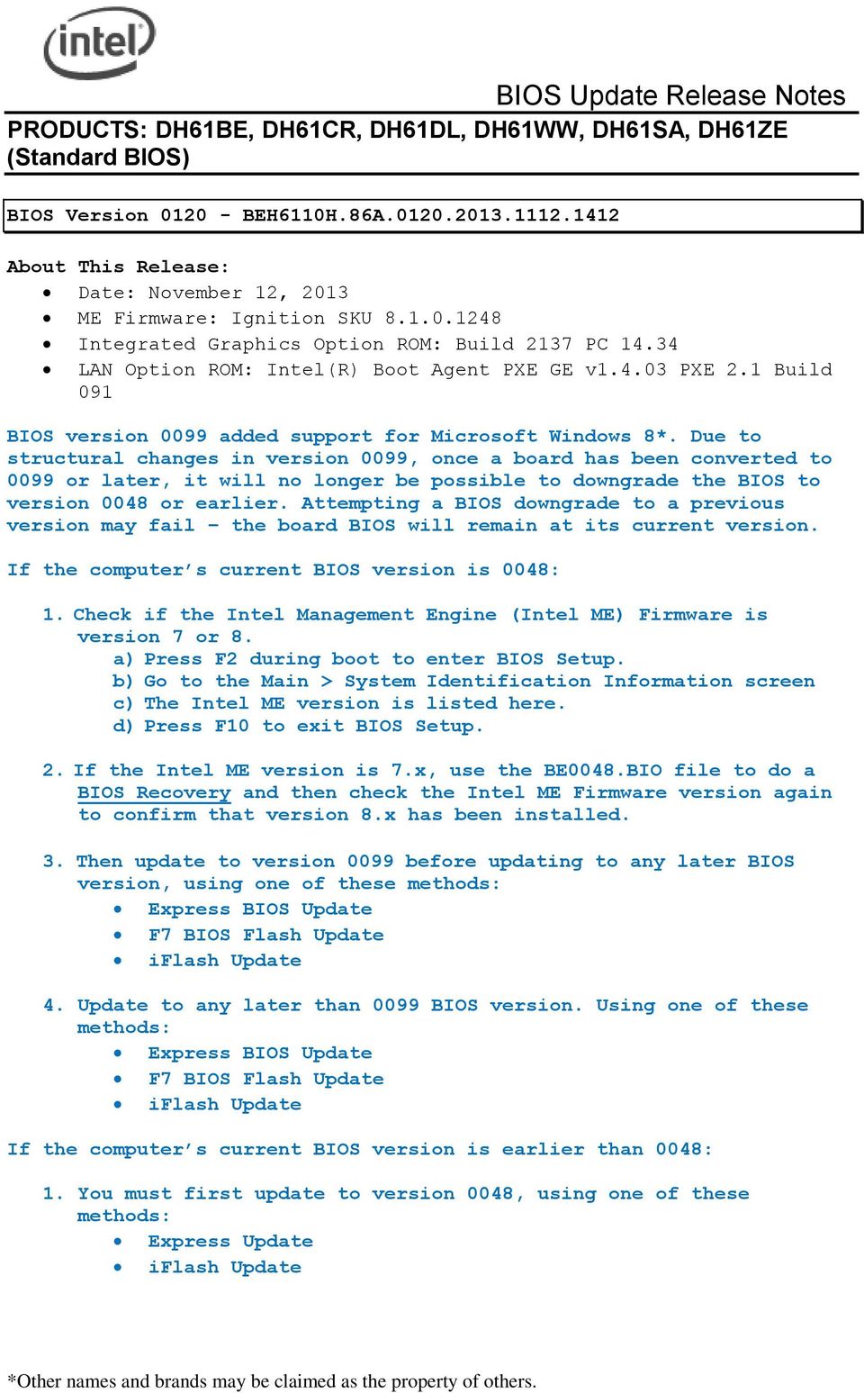 1 Build BIOS version 0099 added support for Microsoft Windows 8*.