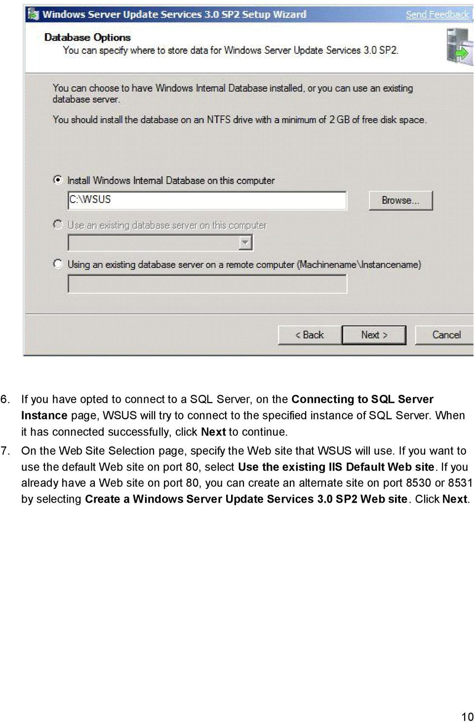 On the Web Site Selection page, specify the Web site that WSUS will use.