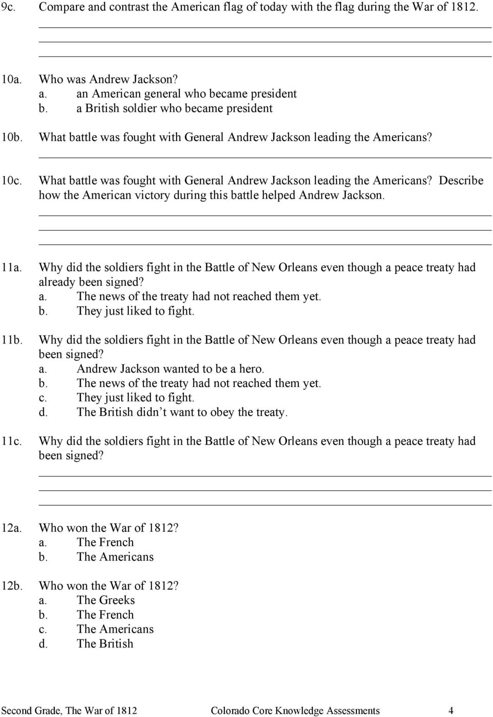 Second Grade The War of 22 Assessment - PDF Free Download For War Of 1812 Worksheet