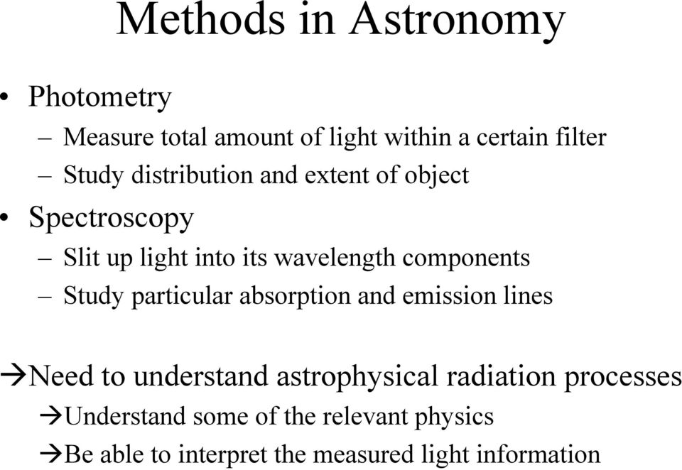 Study particular absorption and emission lines Need to understand astrophysical radiation