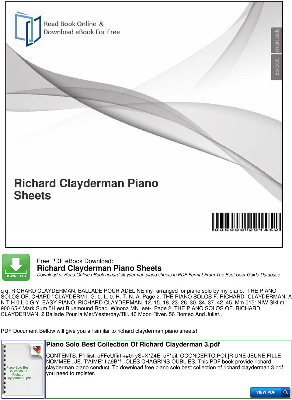 A N T H 0 L 0 G Y EASY PIANO. RICHARD CLAYDERMAN. 12. 15. 18. 23. 26. 30. 34. 37. 42. 45. Mm 015: NIW Slkl m: 900 65K Mark Sum 5H est Bluemound Road. Winona MN eet-. Page 2. THE PIANO SOLOS OF.